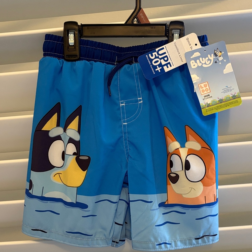 NWT Bluey Boys’ Graphic Swim Trunks with UPF 50 Sz: 8